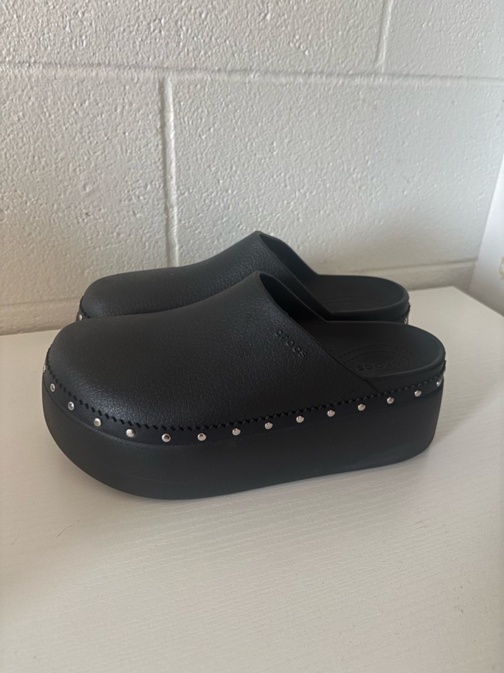 CROCS Black Platform Clog Mules with Stud Trim